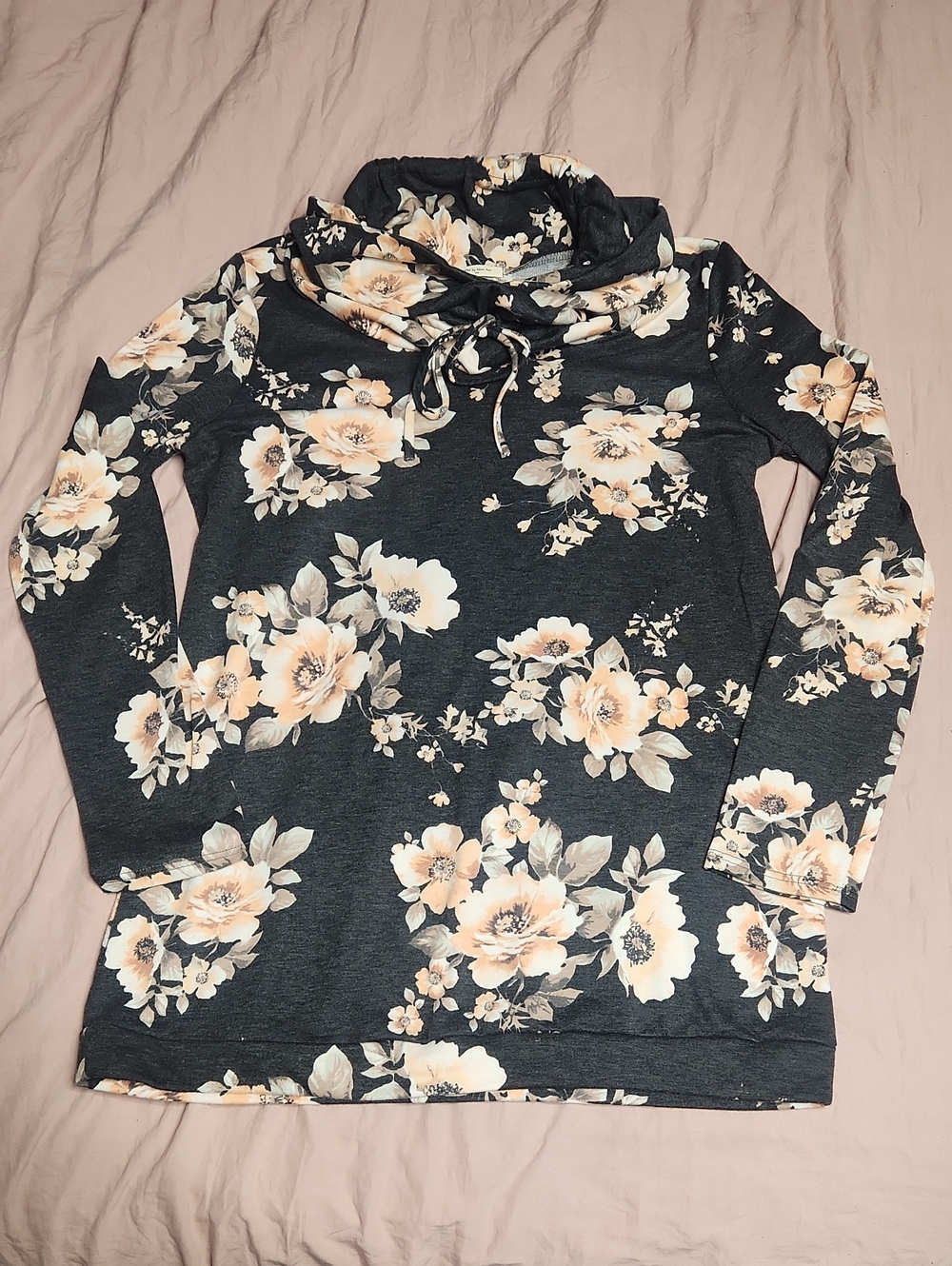 12 Pm By Mon Ami Dark Gray Floral Cowl Neck Long Sleeve Top